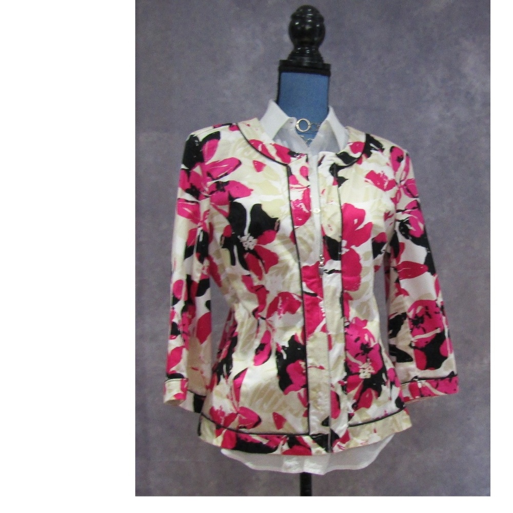Elementz White Black Pink Zip Blazer 3/4 Sleeves L
